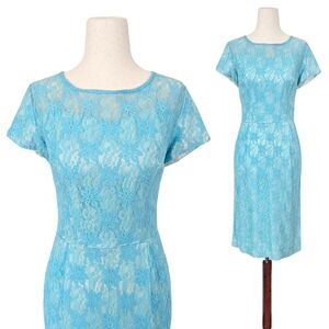 1950s Vintage Dress 50s Lace Wiggle Sheath Cocktail Blue Illusion ILGWU Small